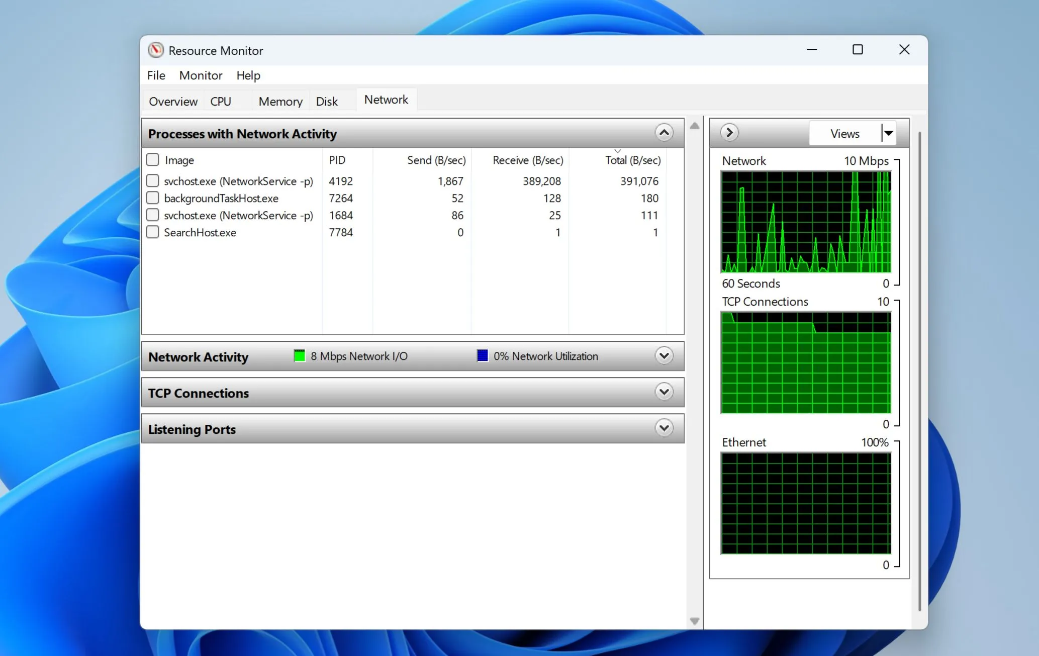 Giao diện Resource Monitor trên Windows 11 hiển thị chi tiết mức sử dụng mạng, giúp người dùng giám sát hoạt động truyền tải dữ liệu và phát hiện các luồng dữ liệu đáng ngờ từ phần mềm gián điệp.