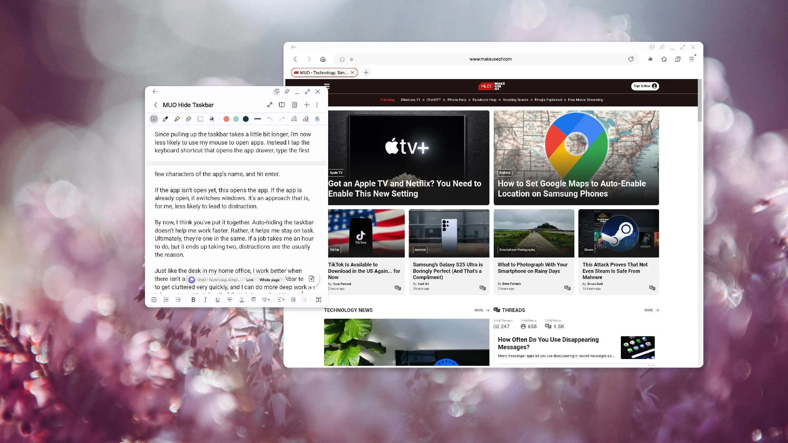 Giao diện Samsung DeX đang chạy ứng dụng Samsung Notes và Samsung Internet trên màn hình ngoài, minh họa khả năng biến điện thoại thành máy tính.