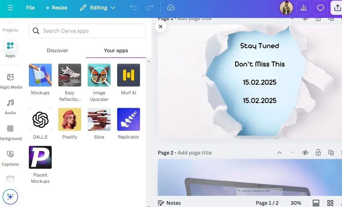 Giao diện tab Apps (Ứng dụng) trong ứng dụng Canva trên máy tính, hiển thị các ứng dụng bên thứ ba được tích hợp để mở rộng khả năng thiết kế.