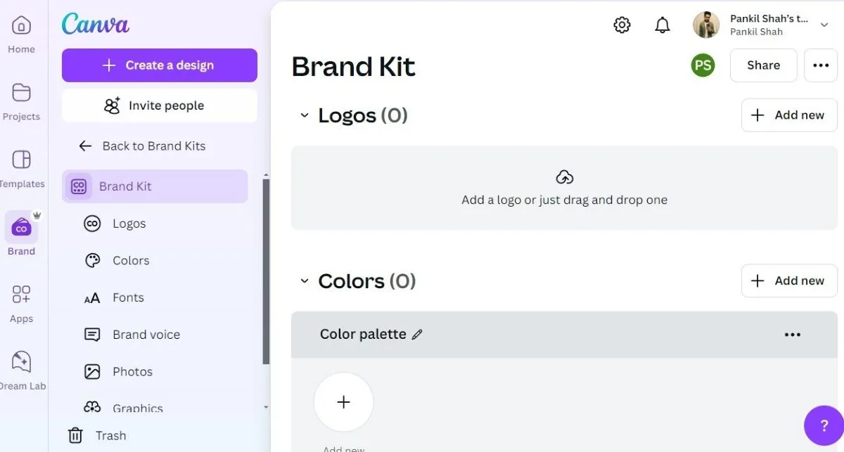 Giao diện tab Brand Kit (Bộ nhận diện thương hiệu) trong ứng dụng Canva trên máy tính, hiển thị các tùy chọn quản lý logo, màu sắc và font chữ cho từng dự án.