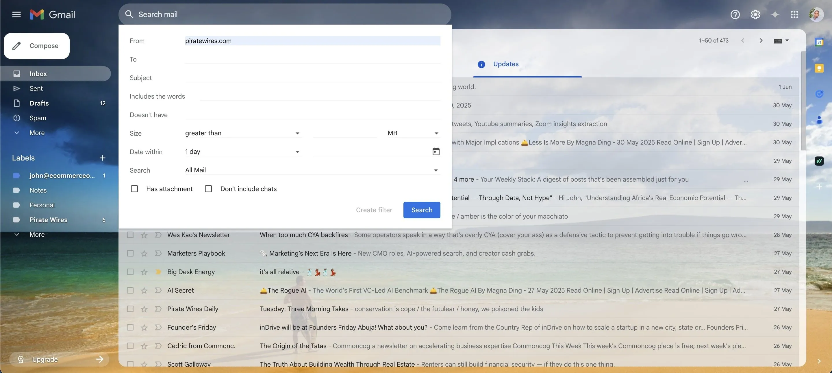 Giao diện tạo bộ lọc (filter) nâng cao trong Gmail để tự động hóa quản lý email