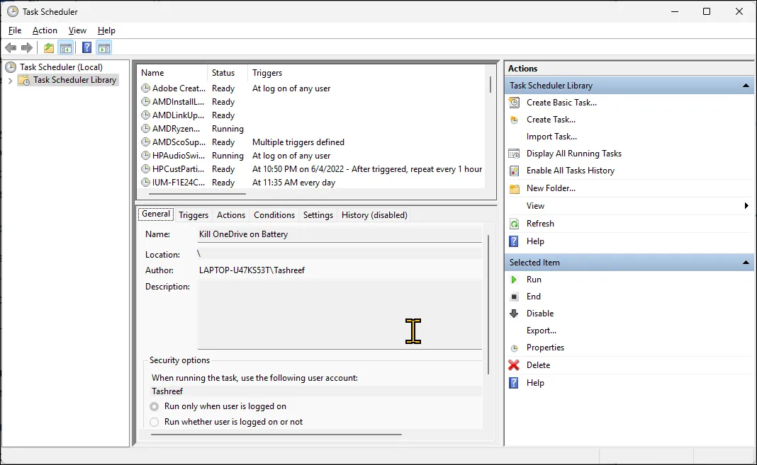 Giao diện tạo tác vụ mới trong Task Scheduler của Windows 11 để lên lịch tự động