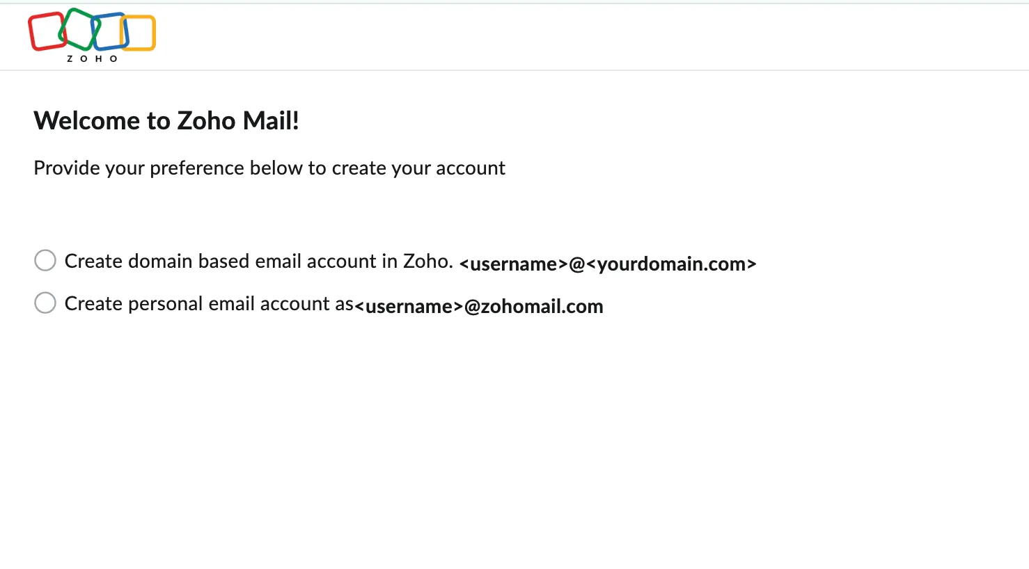 Giao diện tạo tài khoản Zoho Mail, hỗ trợ email tên miền tùy chỉnh cho doanh nghiệp