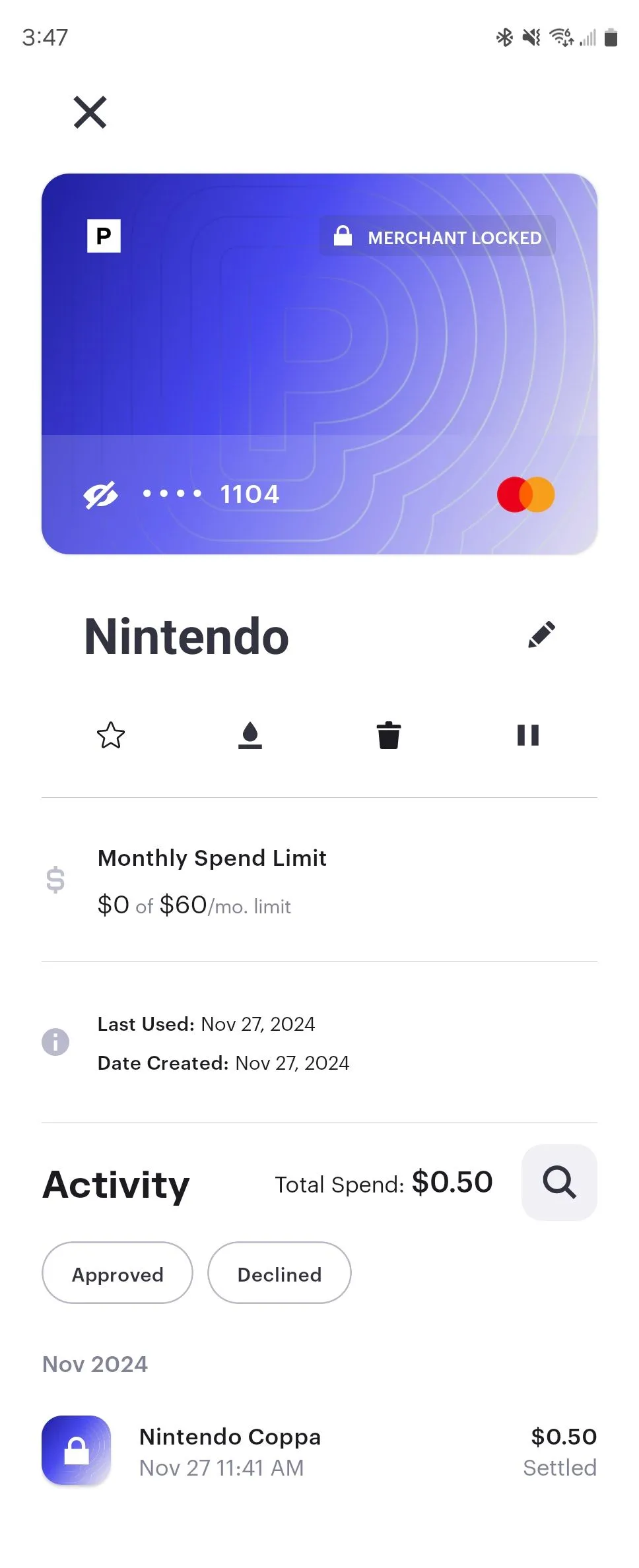 Giao diện tạo thẻ thanh toán ảo tạm thời cho Nintendo bằng ứng dụng Privacy trên Android.