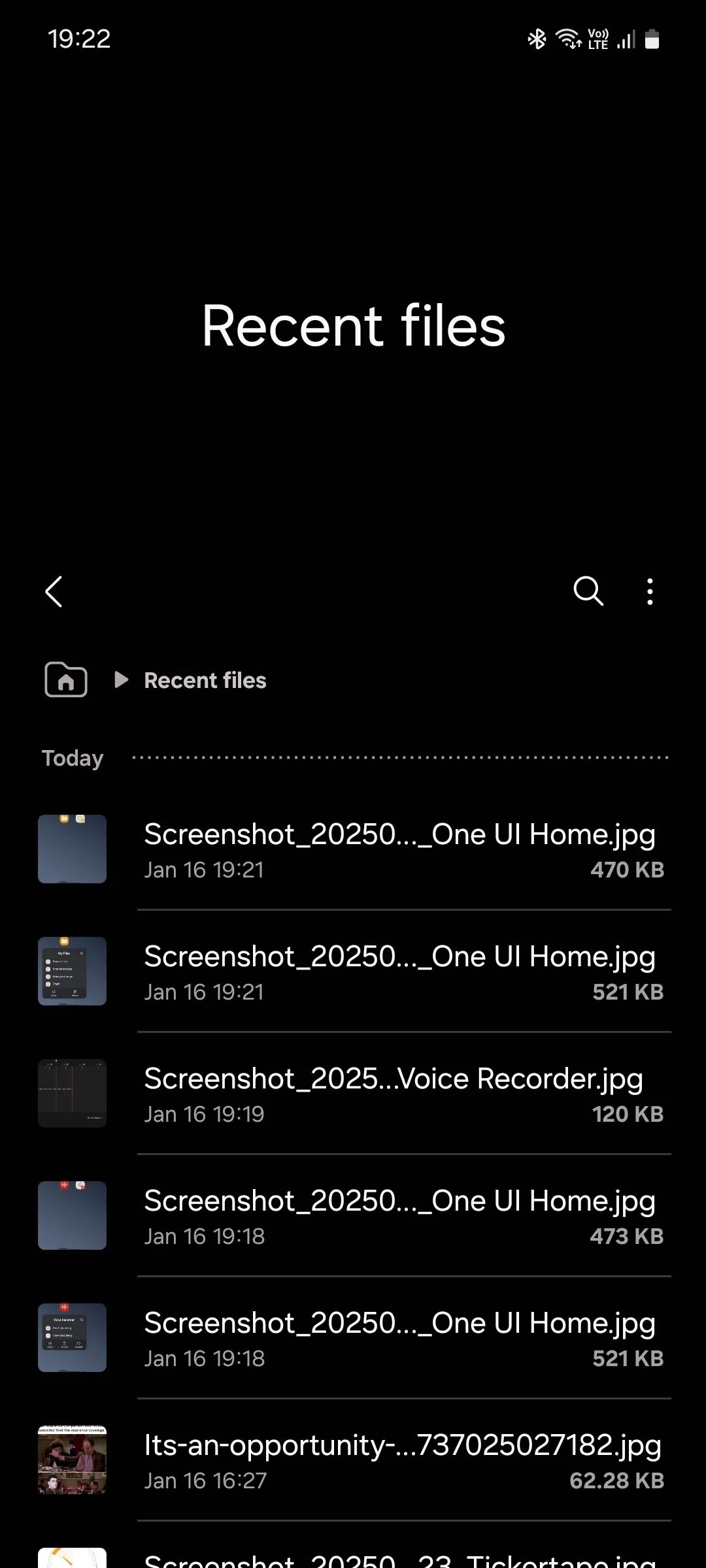 Giao diện &quot;Tệp gần đây&quot; trong ứng dụng Samsung My Files, hiển thị các tệp đã truy cập.