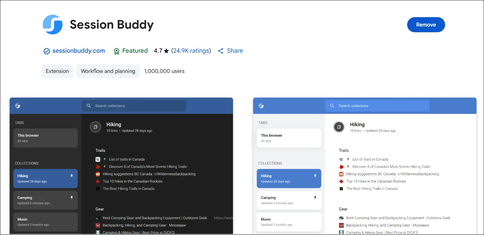 Giao diện tiện ích Session Buddy trên Google Chrome hiển thị các phiên duyệt web và nhóm tab đang mở, hỗ trợ quản lý tab hiệu quả.