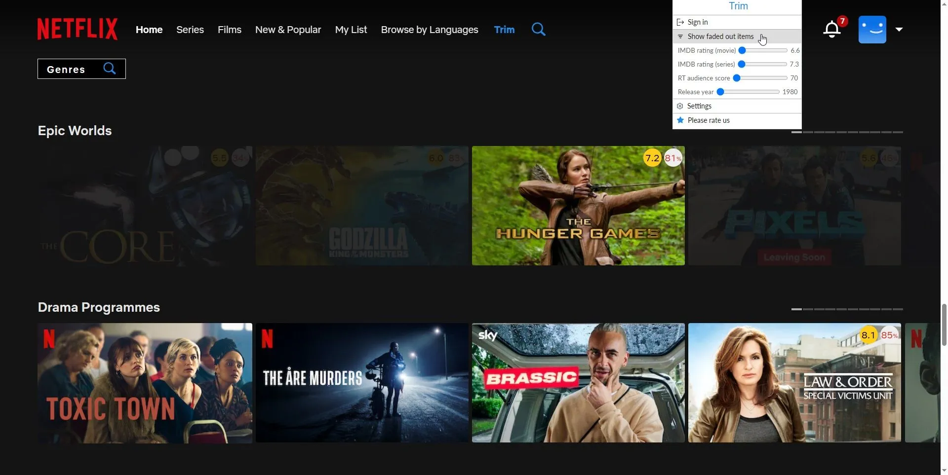 Giao diện tiện ích Trim với tùy chọn làm mờ các bộ phim có điểm đánh giá thấp trên Netflix
