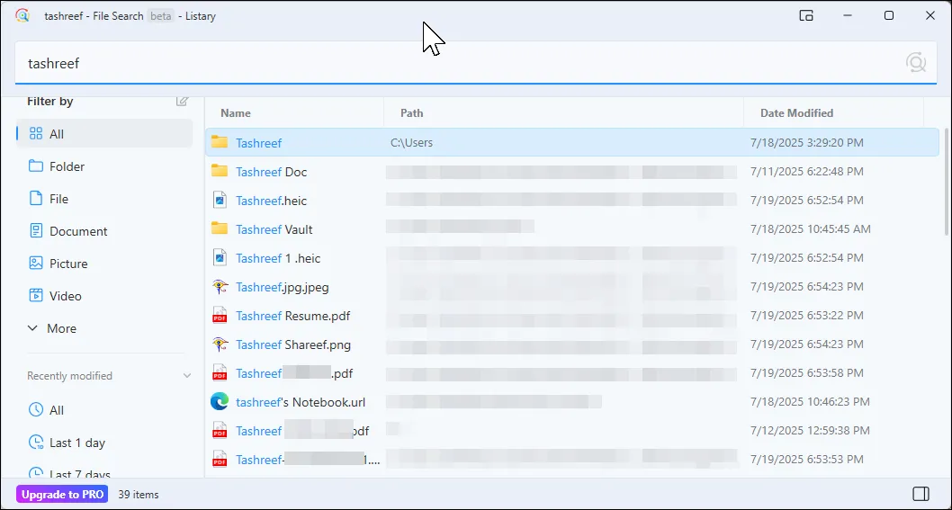 Giao diện tìm kiếm Listary hiển thị kết quả tức thì trên Windows 11