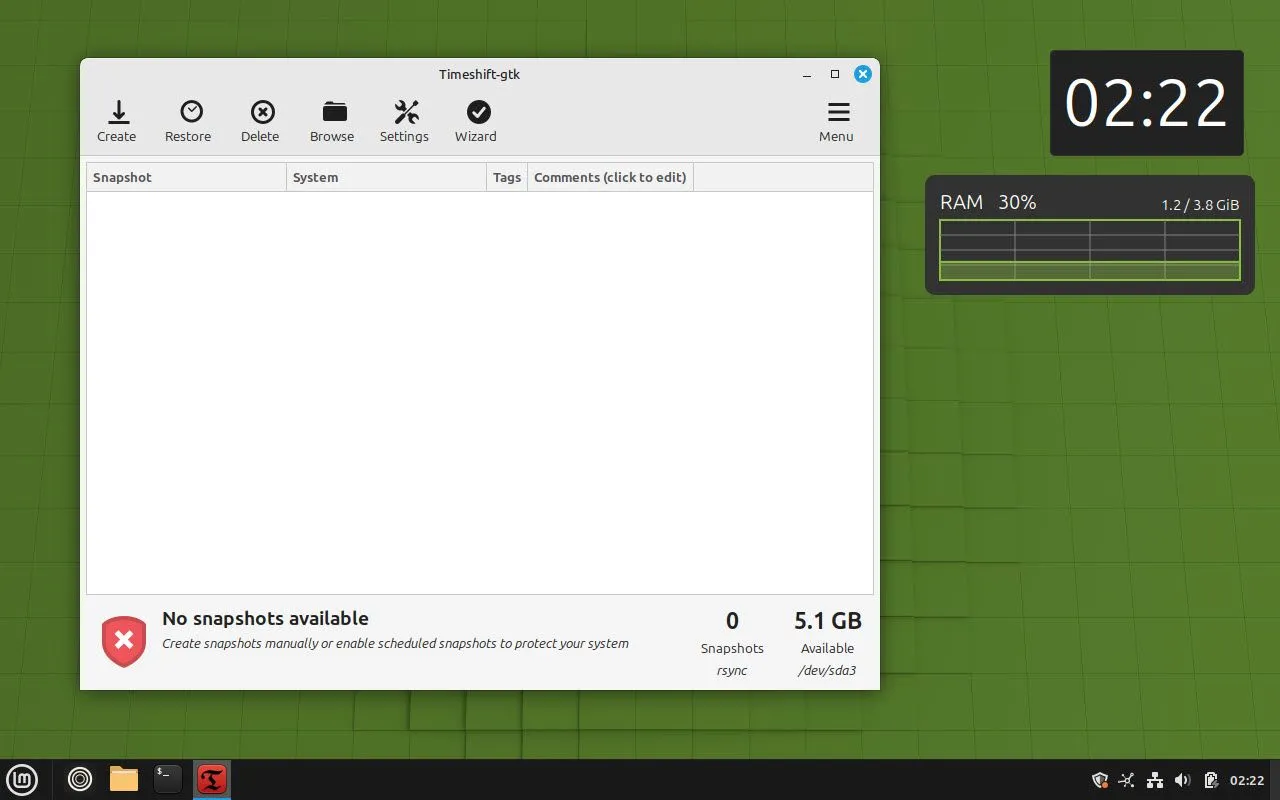 Giao diện Timeshift trên Linux Mint giúp quản lý và khôi phục các bản sao lưu hệ thống