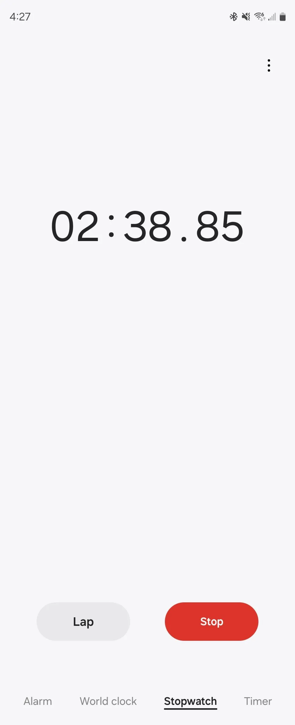 Giao diện tính năng đồng hồ bấm giờ (stopwatch) trên ứng dụng Đồng hồ mặc định của Galaxy Z Fold 6