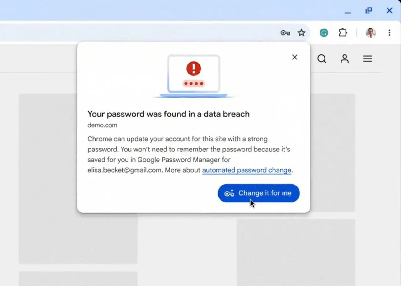 Giao diện tính năng tự động đổi mật khẩu trên trình duyệt Google Chrome, giúp bảo vệ tài khoản người dùng