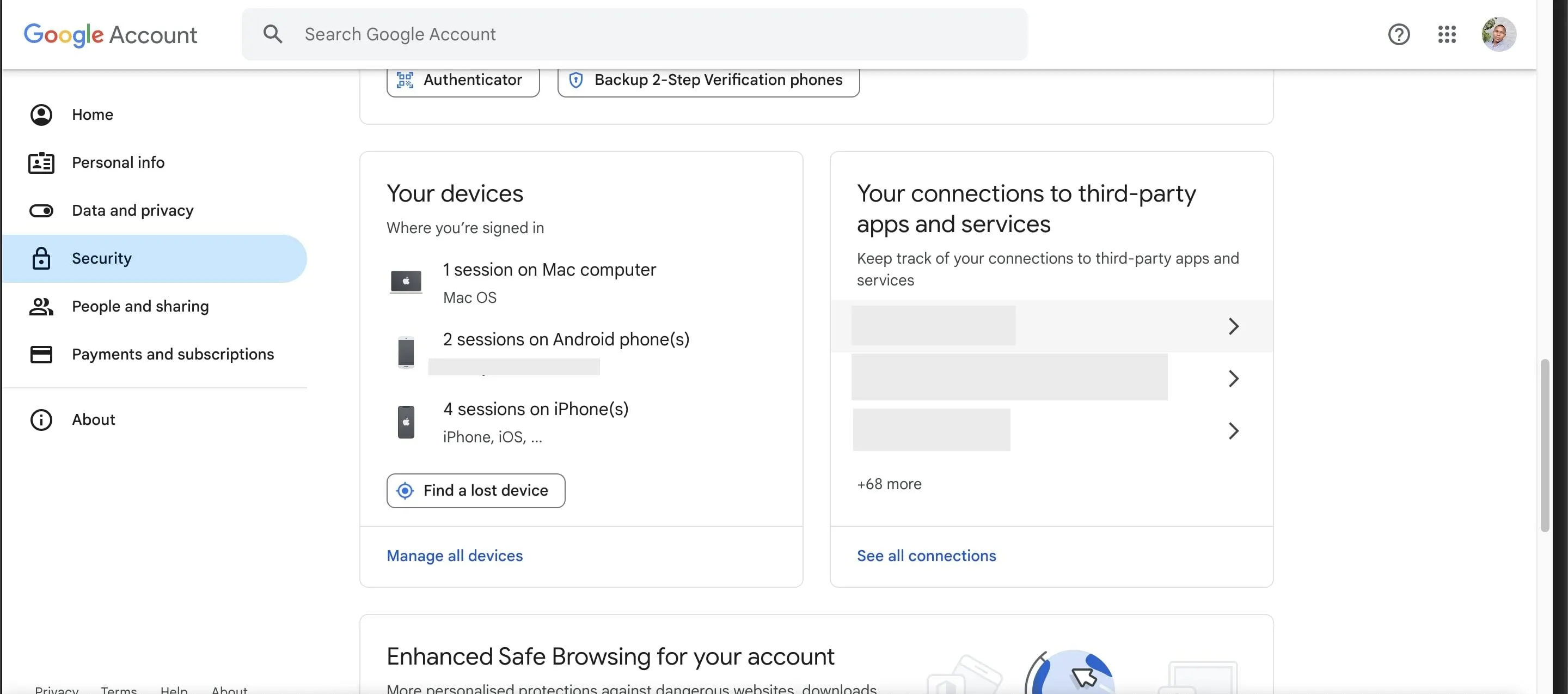 Giao diện trang bảo mật tài khoản Google, hiển thị danh sách các thiết bị đã đăng nhập.
