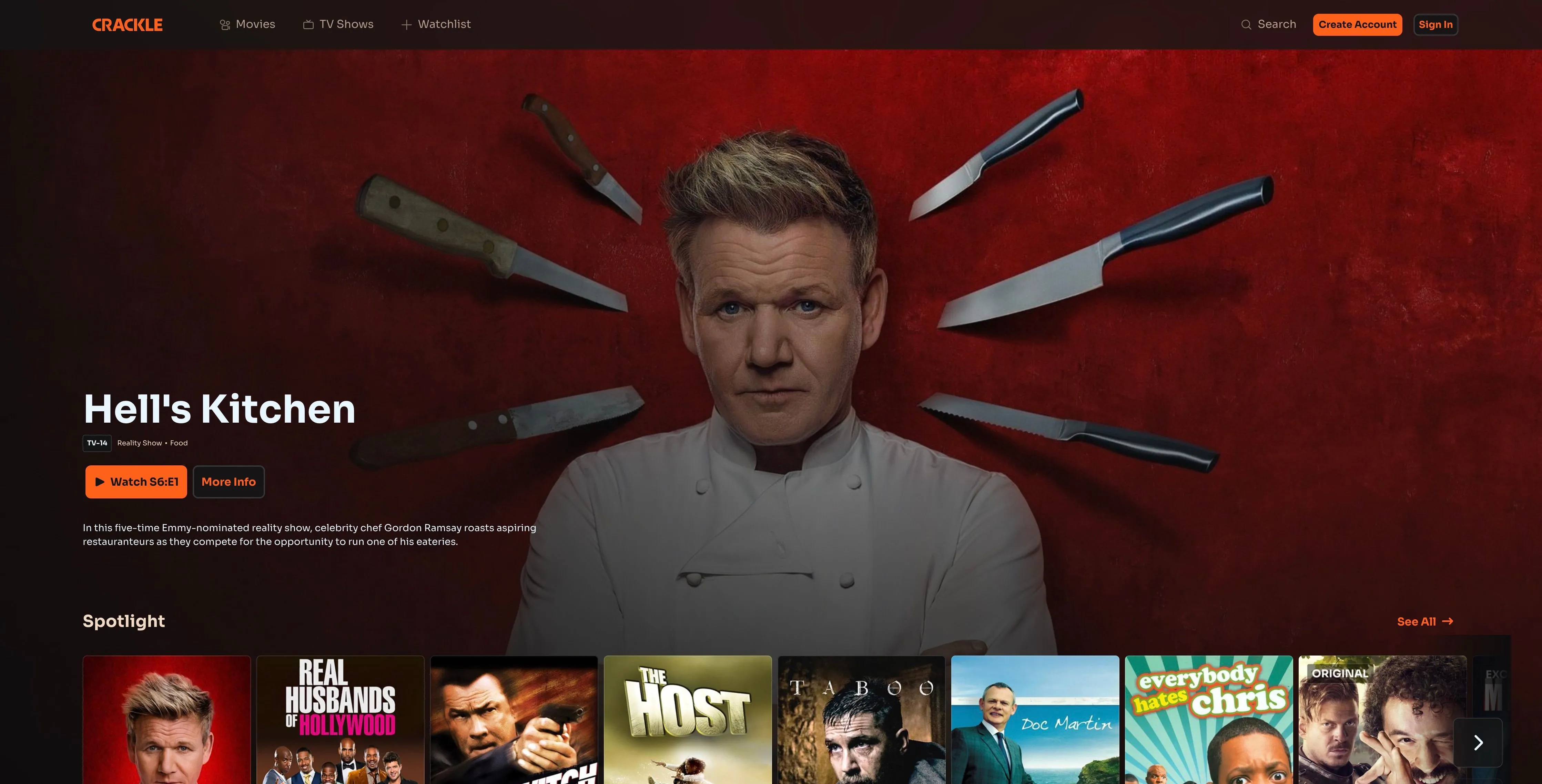 Giao diện trang chủ Crackle hiển thị quảng cáo chương trình Hells Kitchen