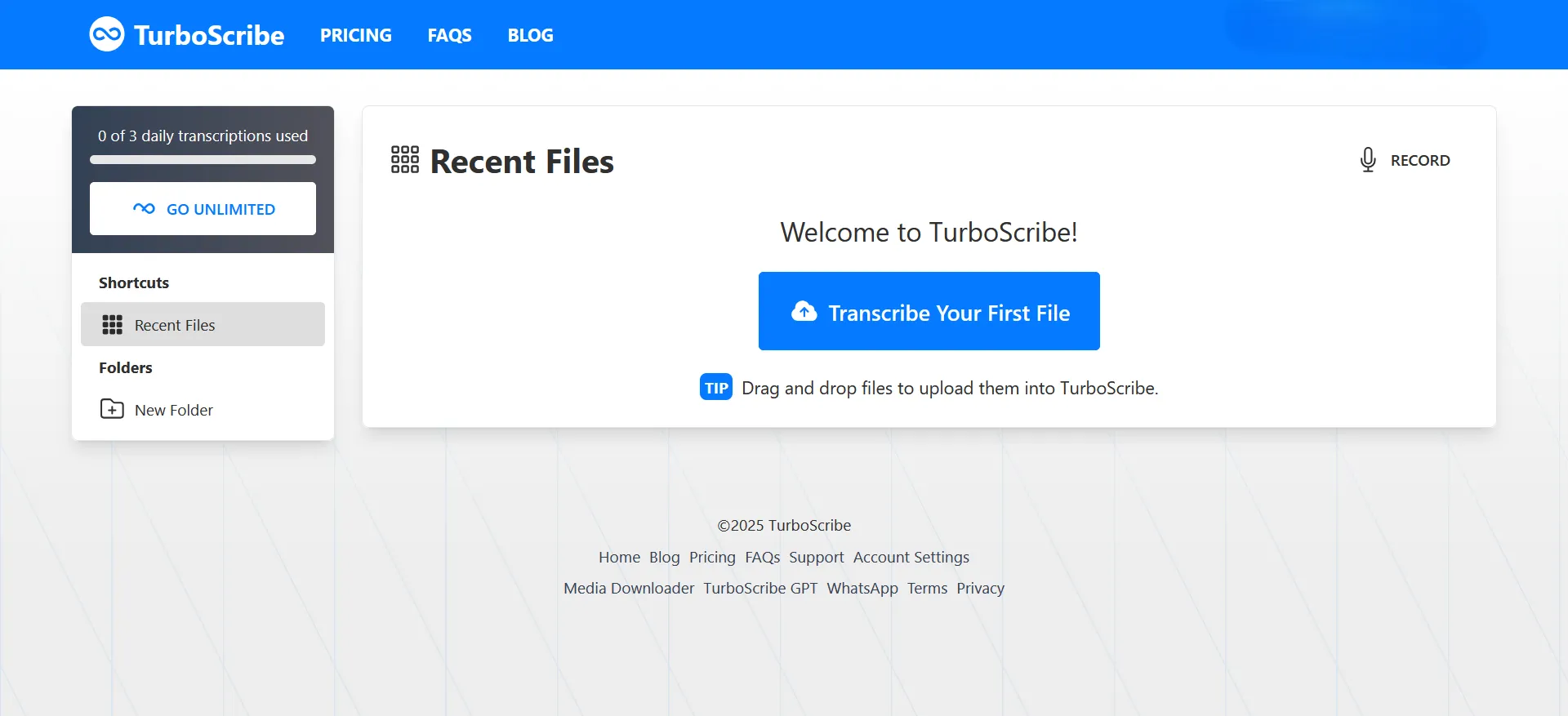 Giao diện trang chủ của TurboScribe, một công cụ chuyển đổi âm thanh sang văn bản hiệu quả