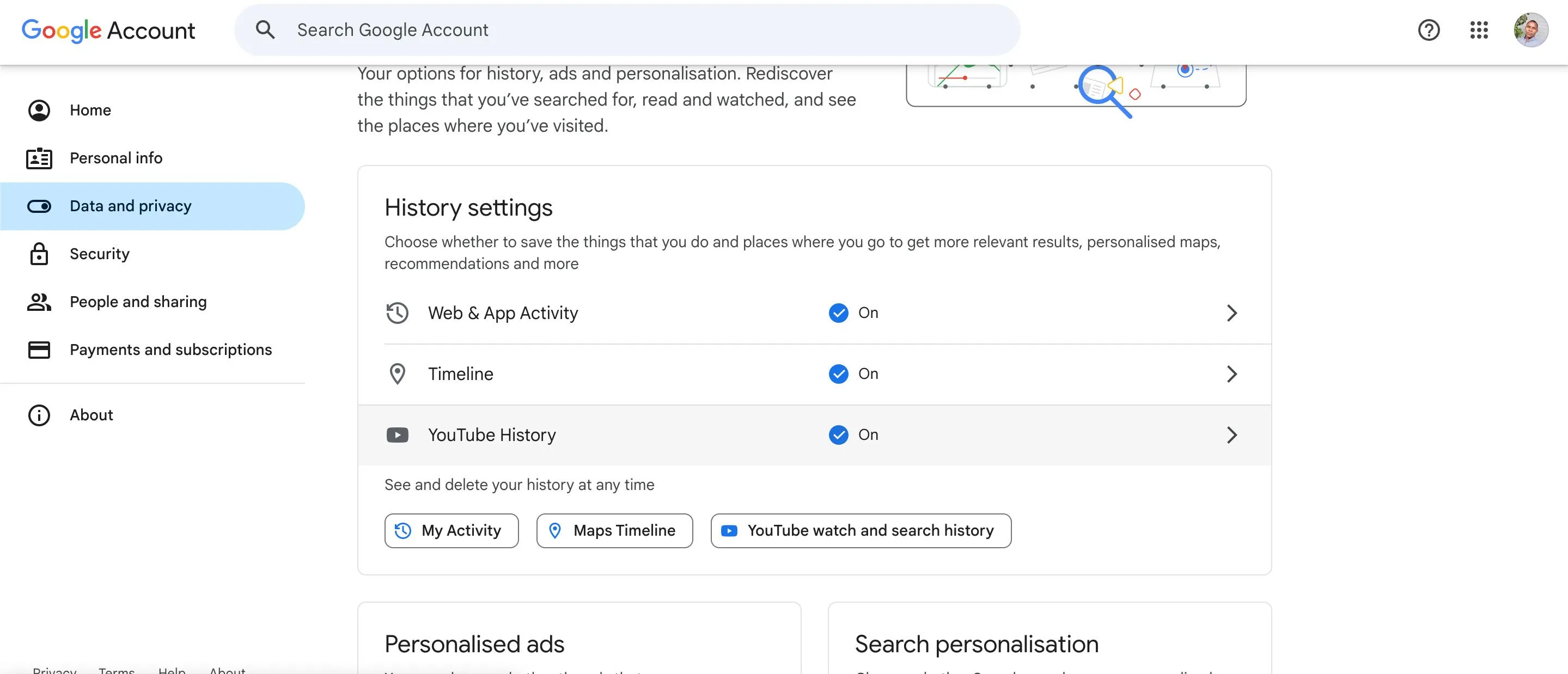 Giao diện trang Dữ liệu &amp; Quyền riêng tư trong tài khoản Google, cho phép người dùng quản lý cài đặt lịch sử hoạt động