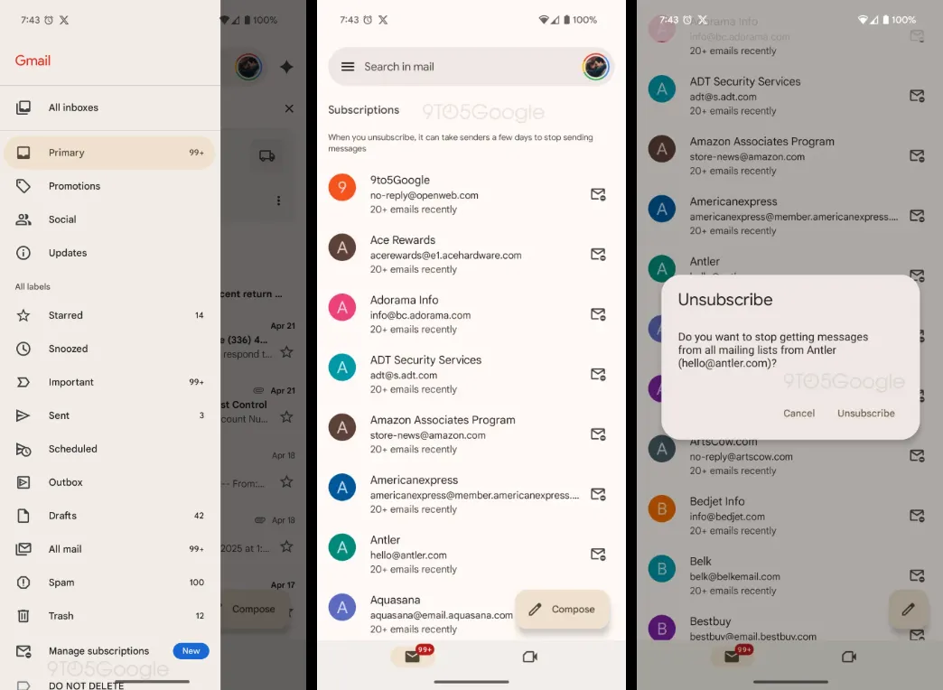 Giao diện trang Quản lý Đăng ký mới trong ứng dụng Gmail trên điện thoại, hiển thị danh sách các email đã đăng ký và nút hủy đăng ký.