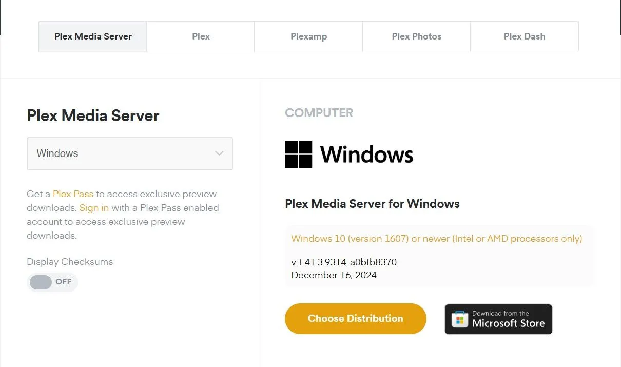 Giao diện trang tải xuống Plex Media Server phiên bản Windows