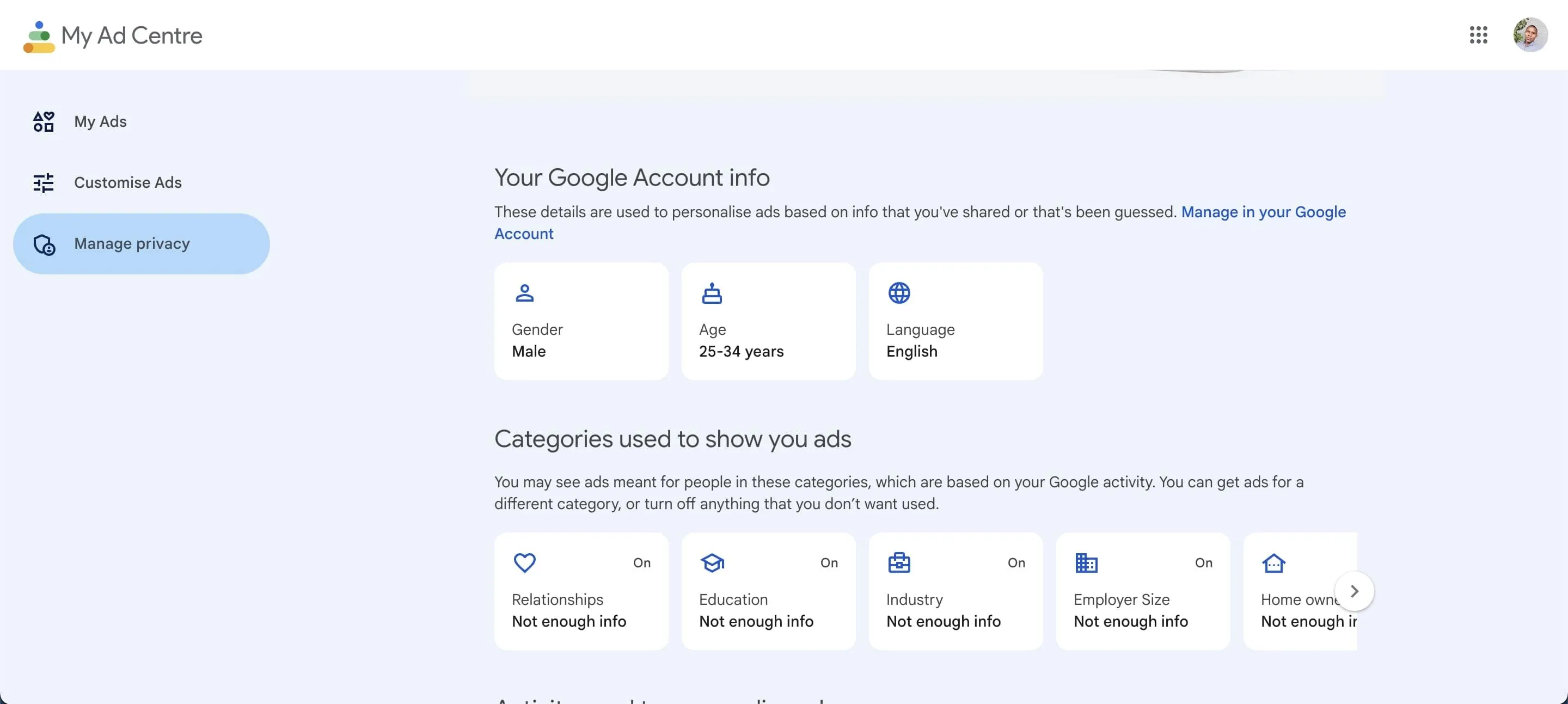 Giao diện trang trung tâm quảng cáo Google, hiển thị các tùy chọn cài đặt quyền riêng tư và cá nhân hóa quảng cáo