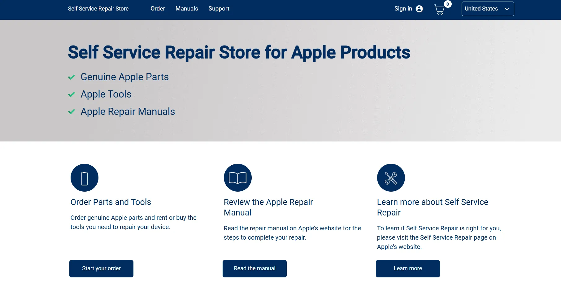 Giao diện trang web chương trình Sửa chữa tự phục vụ của Apple cho iPad và các thiết bị khác, hiển thị công cụ và linh kiện chính hãng.