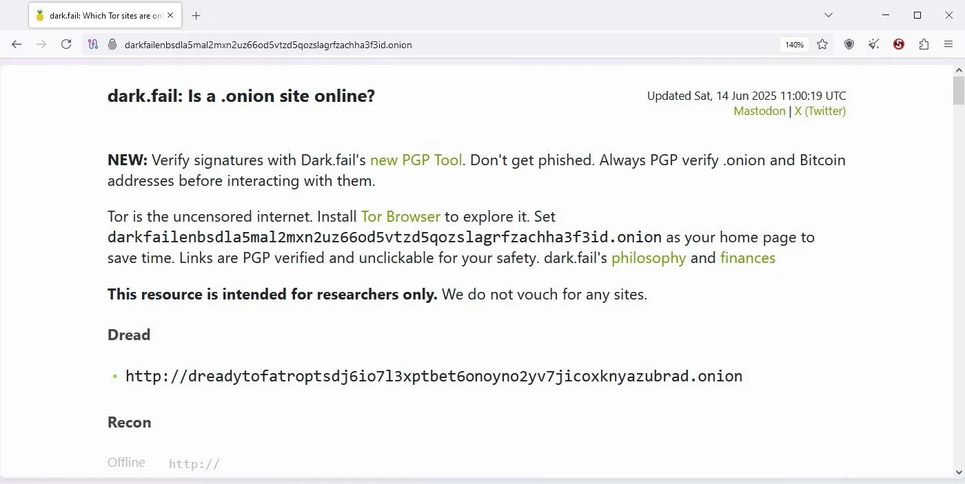 Giao diện trang web Dark Fail hiển thị trong trình duyệt Tor, minh họa nội dung thực tế trên dark web.