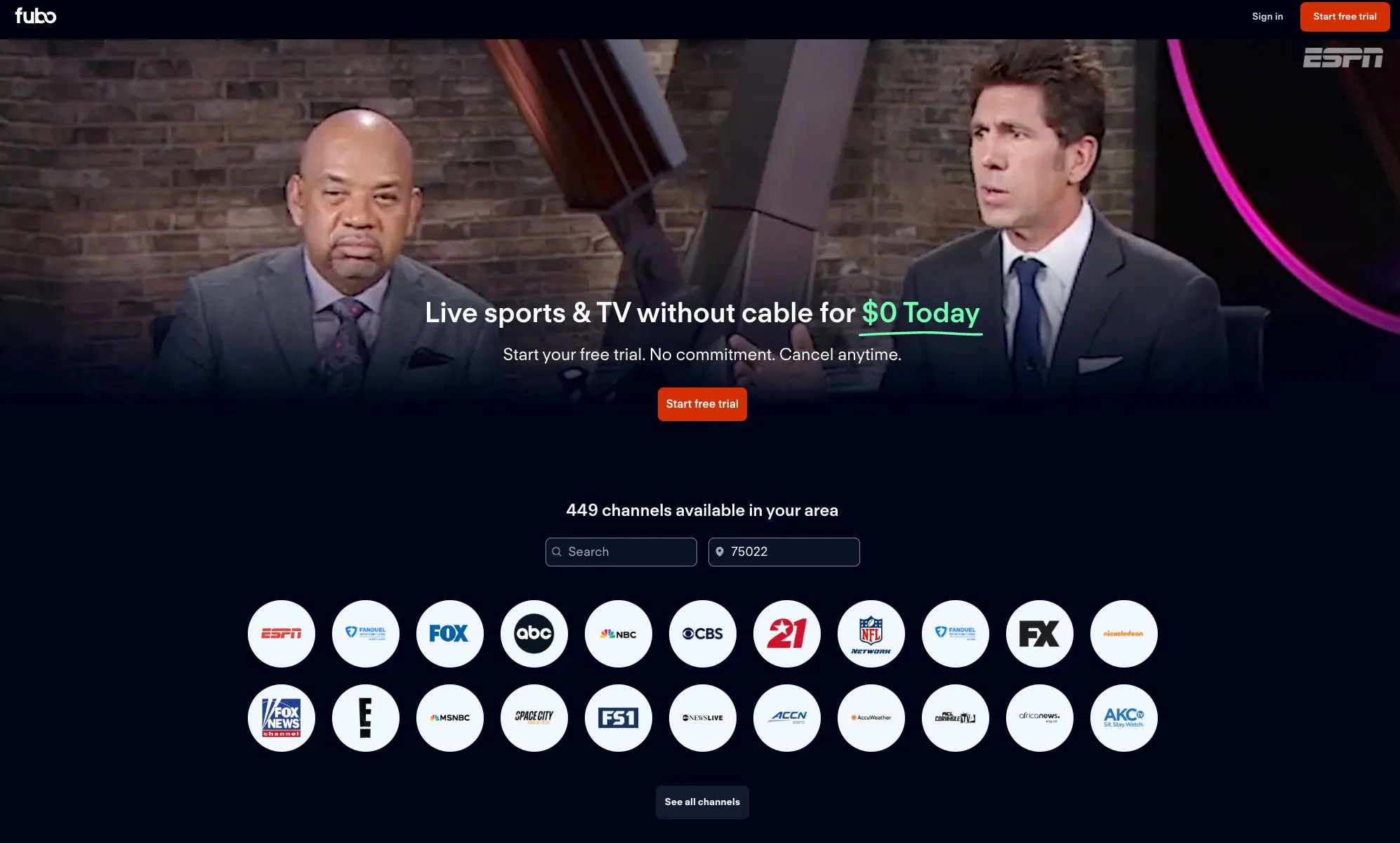 Giao diện trang web Fubo TV hiển thị các tùy chọn và thông tin về dịch vụ truyền hình trực tuyến của họ.