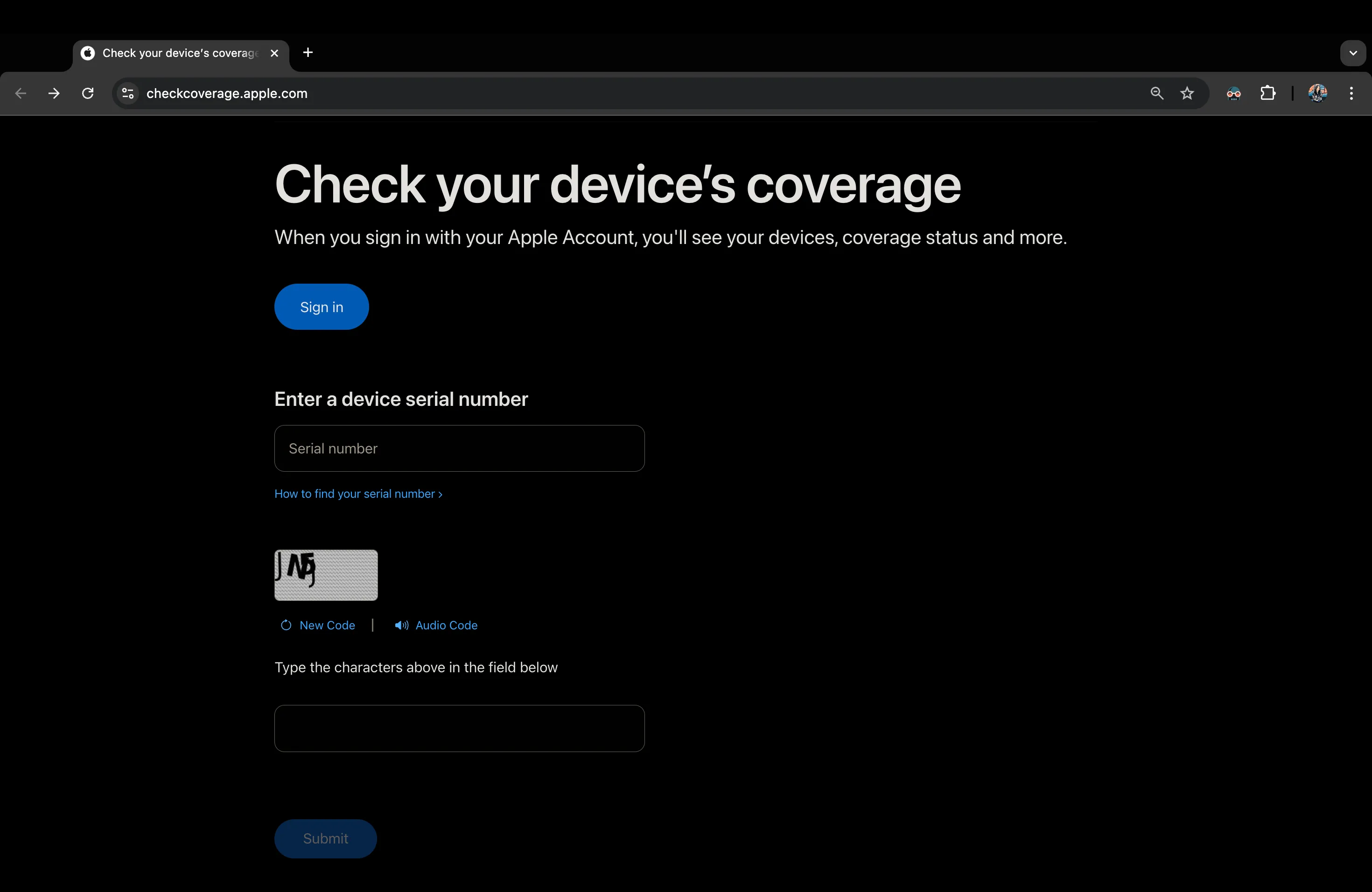 Giao diện trang web Kiểm tra Bảo hành của Apple để nhập số serial thiết bị