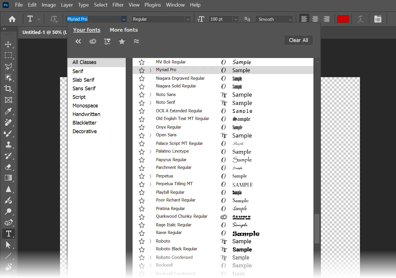 Giao diện Trình duyệt Font trong Photoshop cho phép xem trước và lọc font