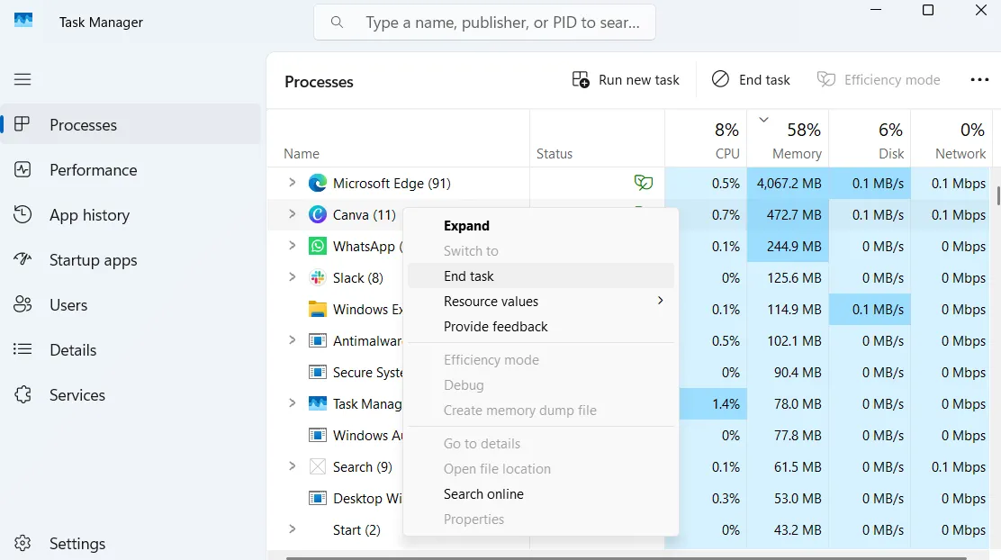 Giao diện Trình quản lý tác vụ (Task Manager) của Windows, hiển thị danh sách ứng dụng và tùy chọn &quot;Kết thúc tác vụ&quot; (End task) cho ứng dụng Canva đang bị treo.