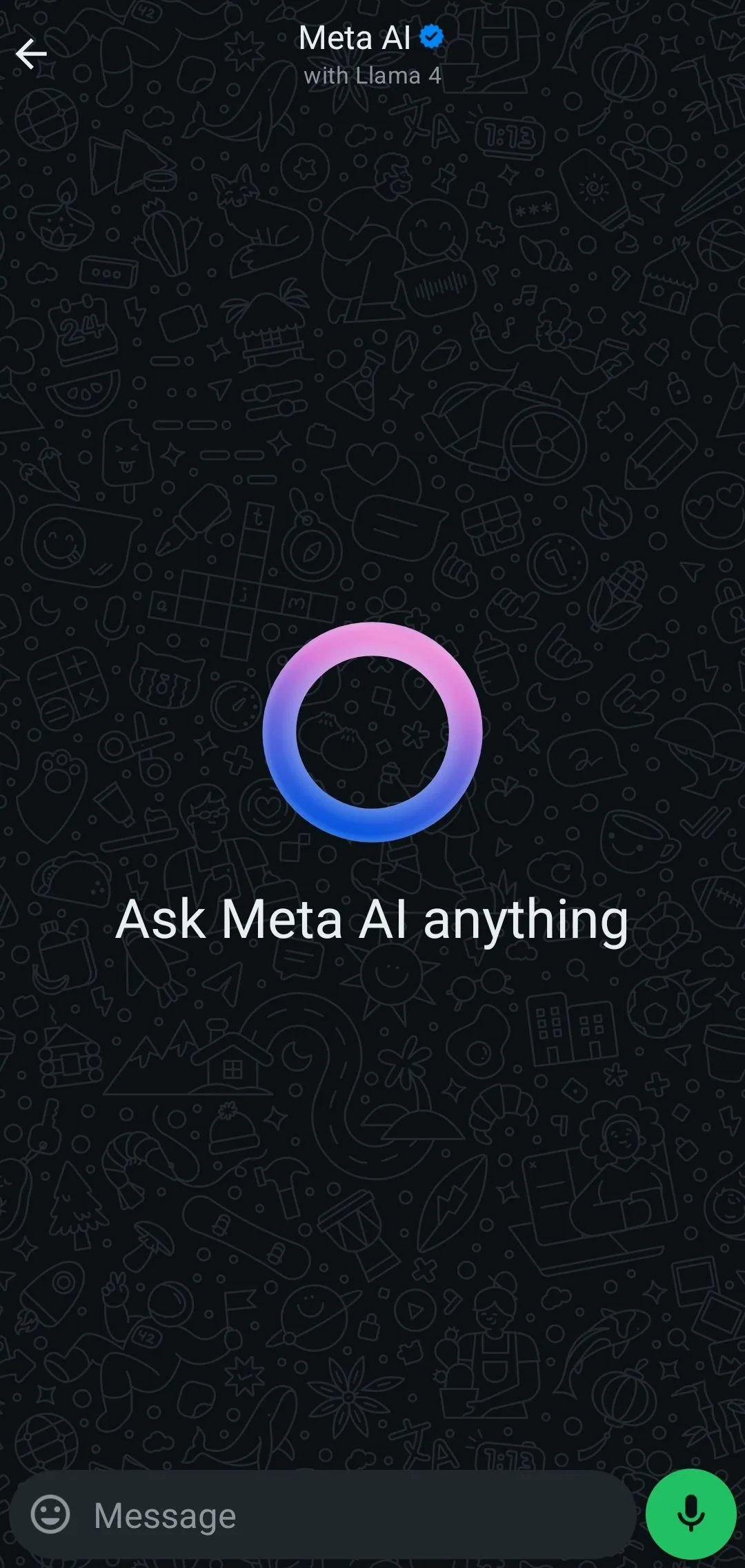Giao diện trò chuyện WhatsApp với biểu tượng Meta AI màu xanh nổi bật ở góc dưới màn hình