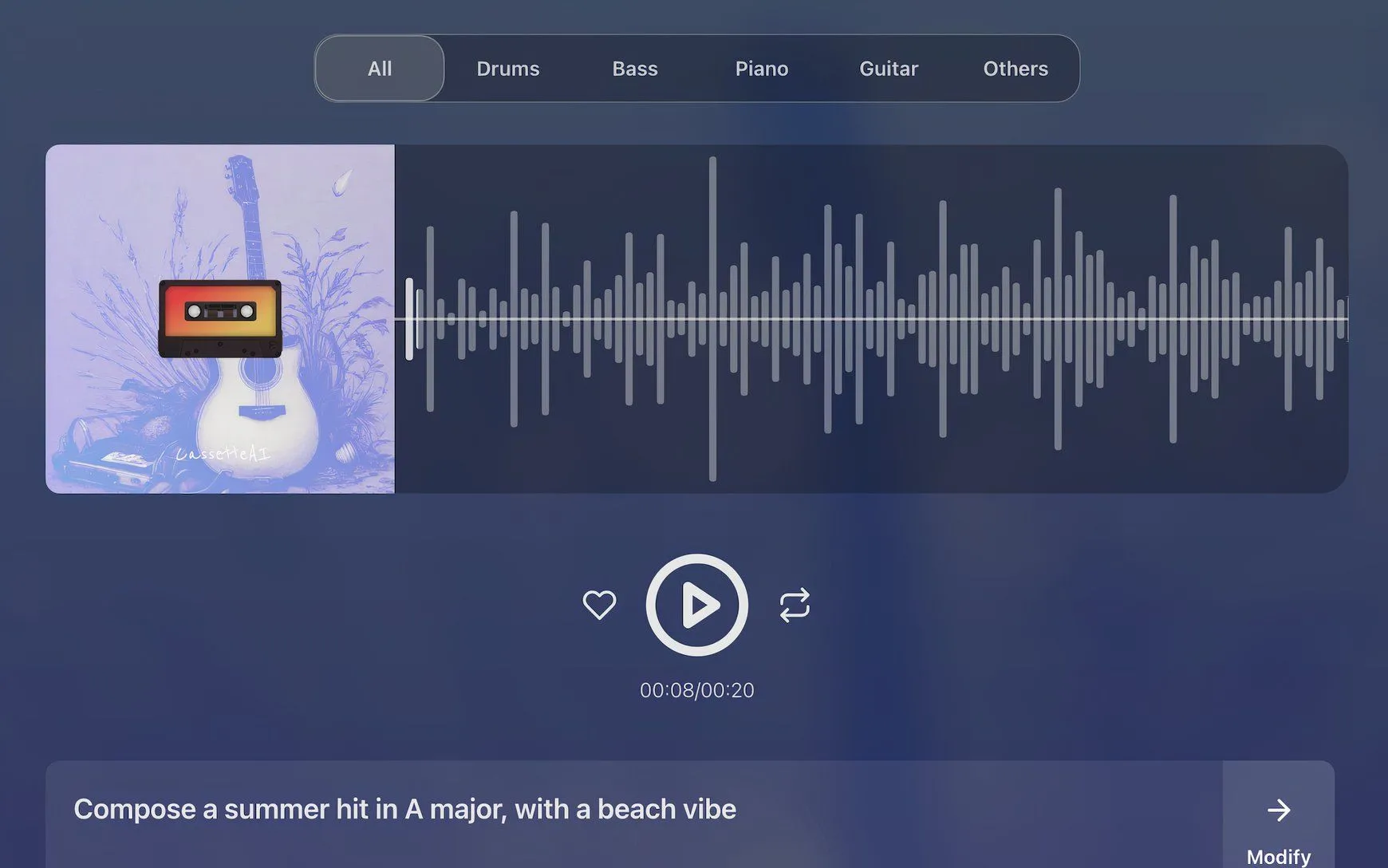 Giao diện trực quan của CassetteAI, một nền tảng AI kết hợp MIDI để sáng tác nhạc tự động theo prompt người dùng.