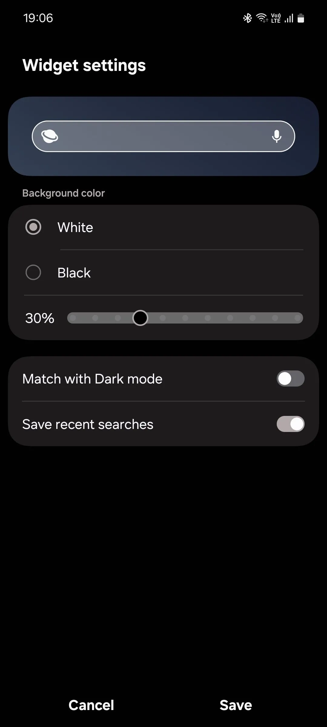 Giao diện tùy chỉnh widget tìm kiếm của Samsung Internet cho phép thay đổi cài đặt.