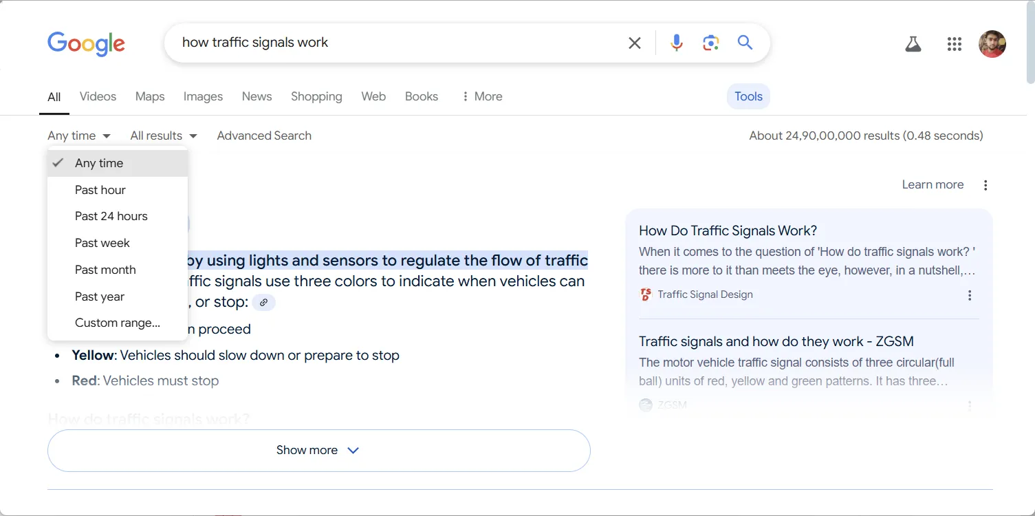 Giao diện tùy chọn khoảng thời gian tìm kiếm mặc định của Google Search