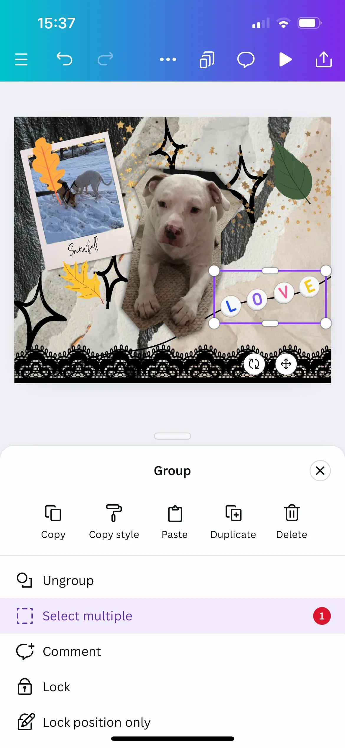Giao diện ứng dụng Canva sau khi các đối tượng được nhóm thành công, hiển thị một hộp màu tím lớn bao quanh toàn bộ nhóm.