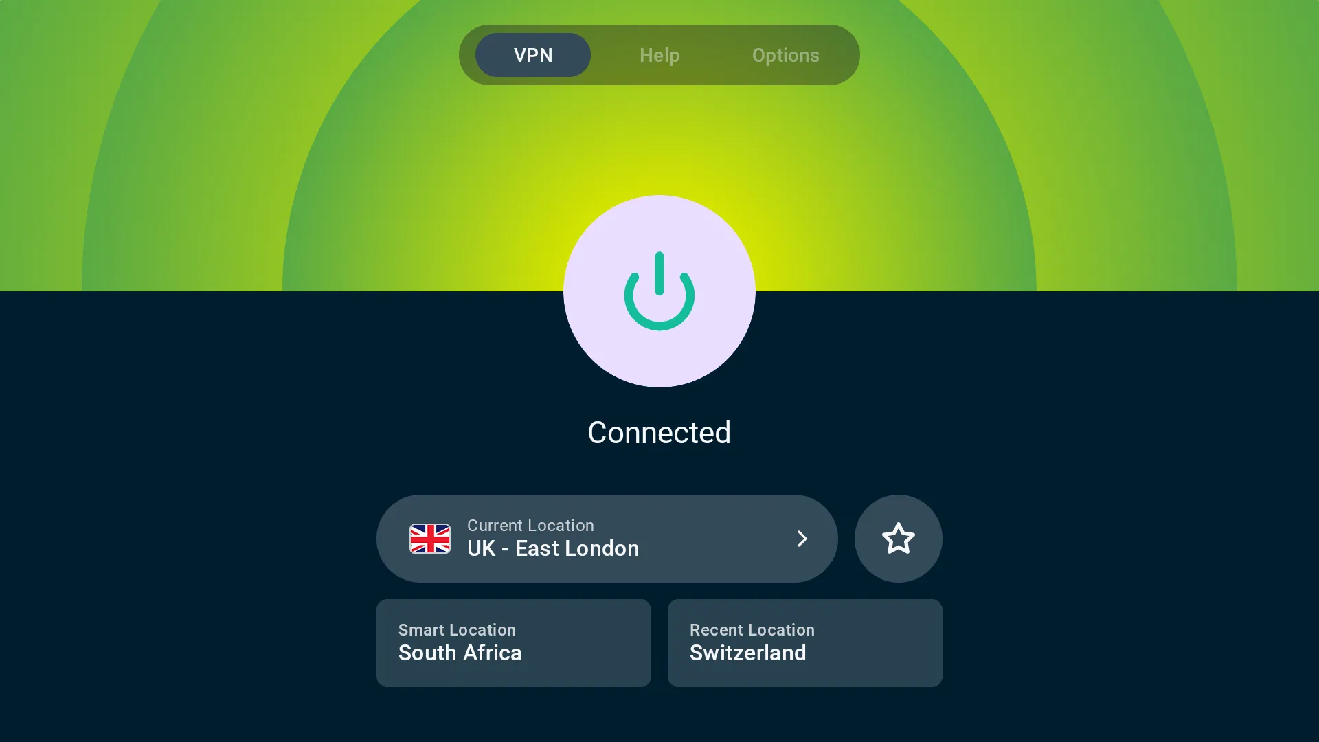 Giao diện ứng dụng ExpressVPN trên Smart TV hiển thị trạng thái kết nối VPN