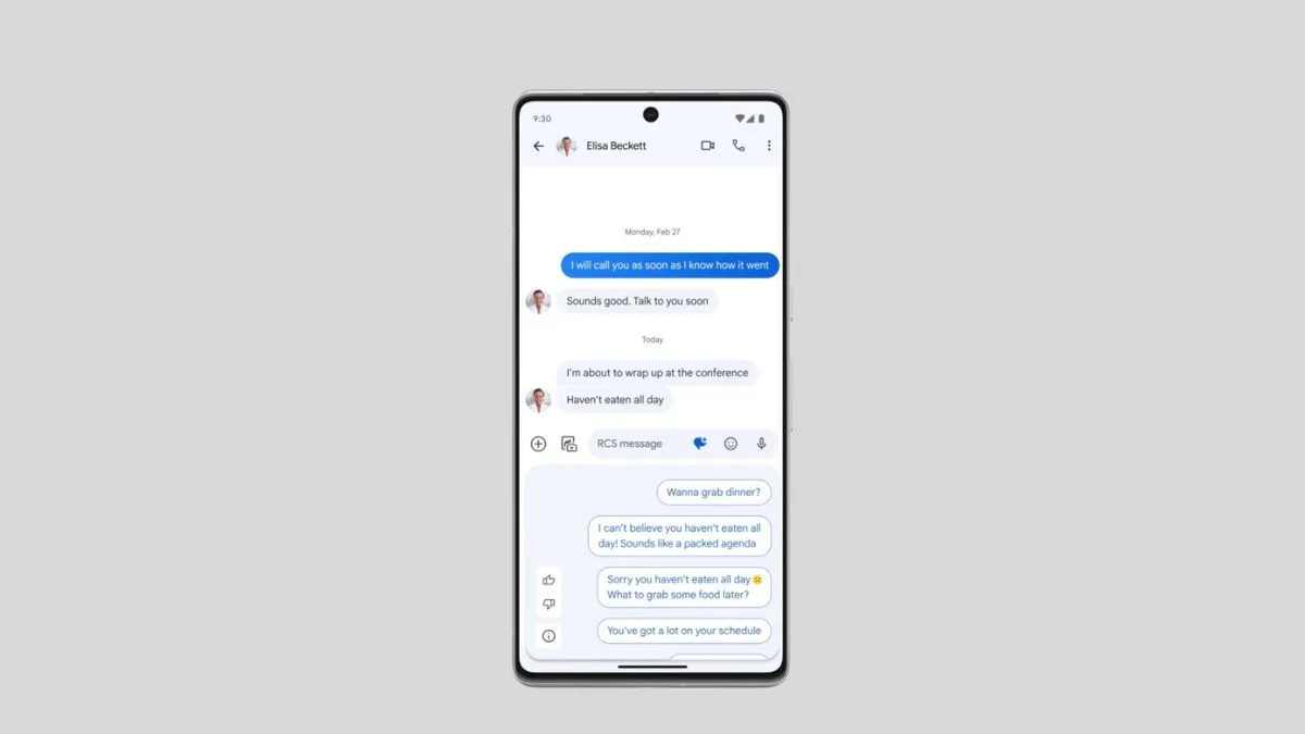 Giao diện ứng dụng Google Messages trên Android hiển thị tính năng Magic Compose, liên quan đến chuẩn tin nhắn RCS được hỗ trợ bởi Carrier Services.