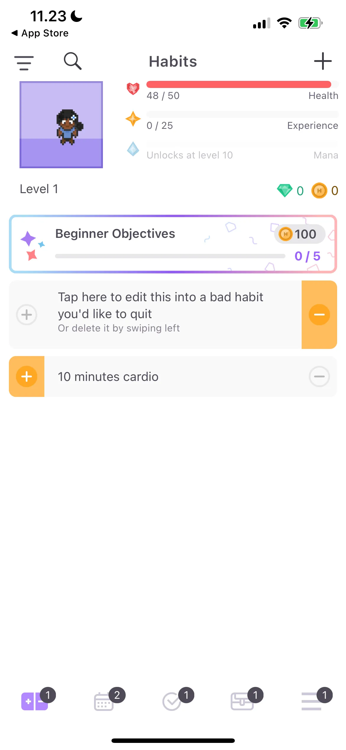 Giao diện ứng dụng Habitica với các nhiệm vụ được gam hóa và nhân vật người chơi