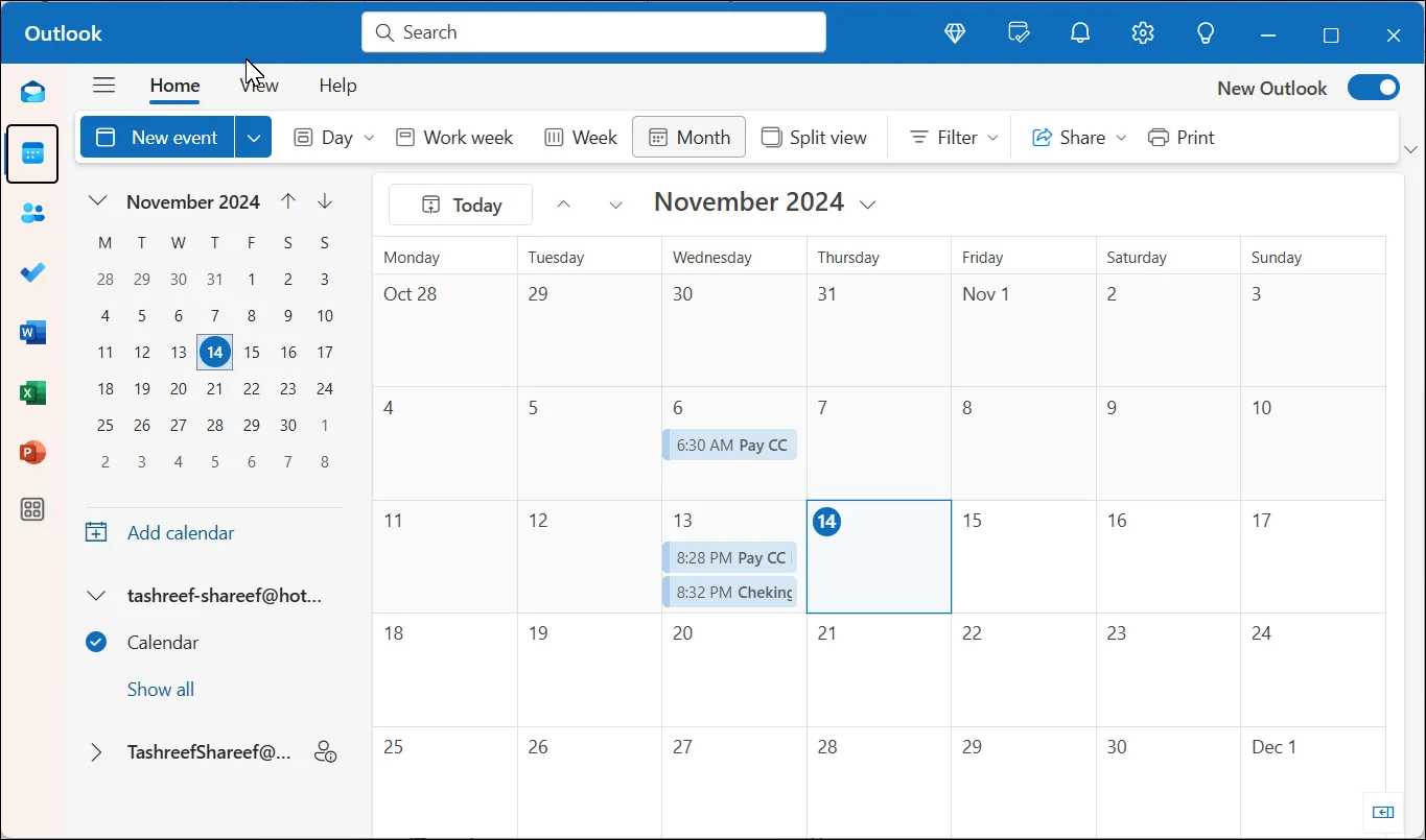 Giao diện ứng dụng Lịch trong Outlook trên Windows 11 hiển thị các cuộc hẹn và nhắc nhở