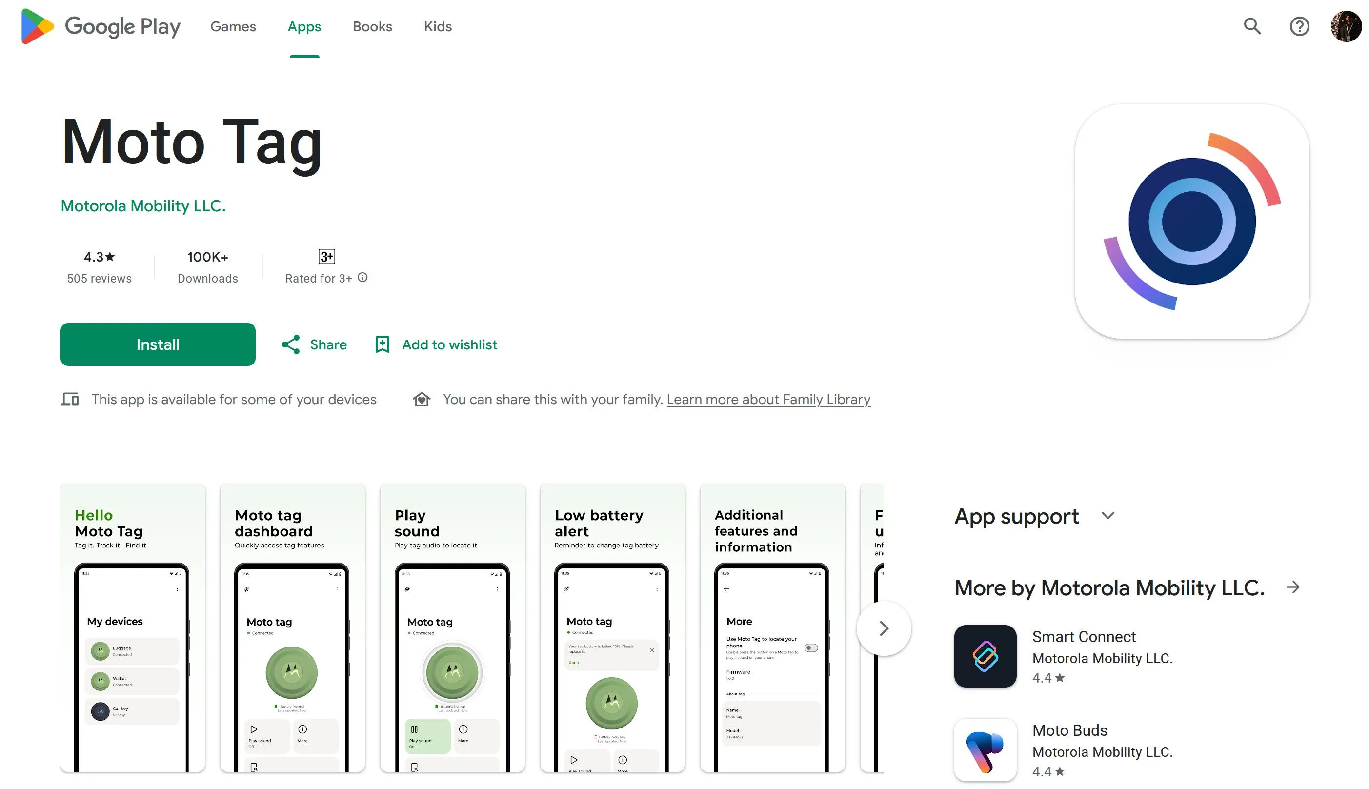 Giao diện ứng dụng Moto Tag trên Google Play Store hiển thị thông tin về thiết bị định vị Moto Tag, các tính năng và tùy chọn cài đặt, minh họa cho việc cập nhật ứng dụng.