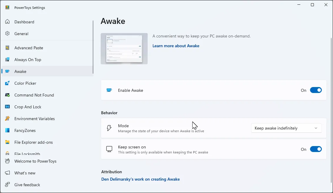 Giao diện ứng dụng PowerToys trên Windows 11, với tab &quot;Awake&quot; đang mở cho phép ngăn máy tính tự động ngủ.