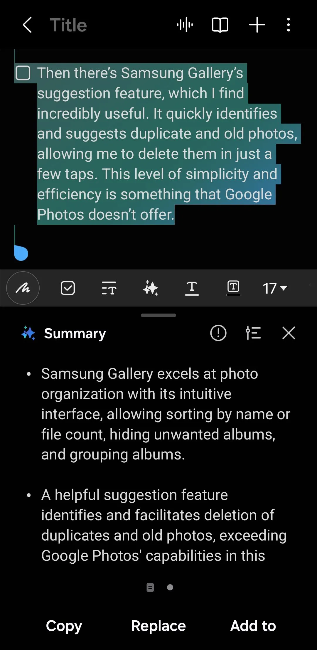 Giao diện ứng dụng Samsung Notes hiển thị bản tóm tắt tự động của một ghi chú dài, được hỗ trợ bởi Galaxy AI.