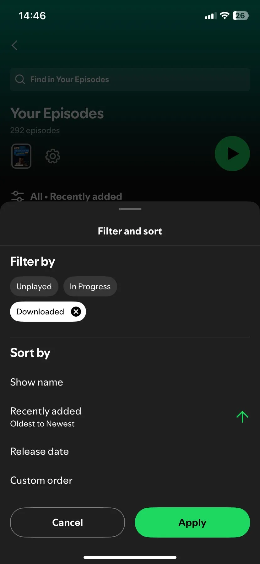 Giao diện ứng dụng Spotify hiển thị tùy chọn lọc podcast đã tải về