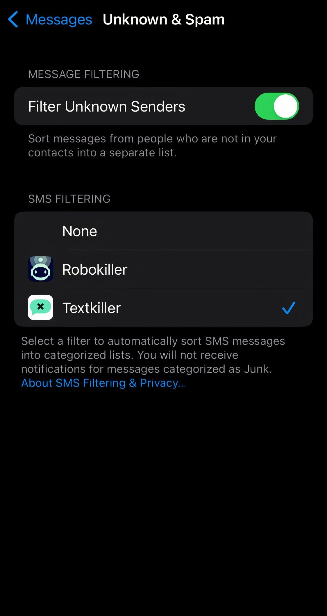Giao diện ứng dụng TextKiller, một công cụ hữu ích giúp chặn tin nhắn Smishing và spam.