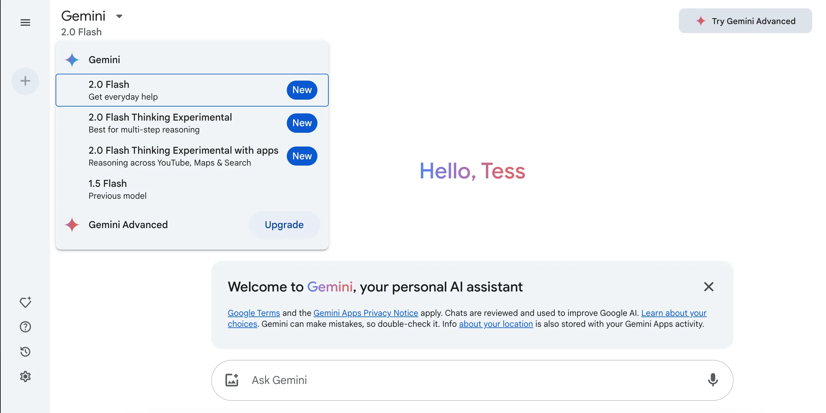 Giao diện ứng dụng web Google Gemini hiển thị các tùy chọn mô hình AI để người dùng lựa chọn