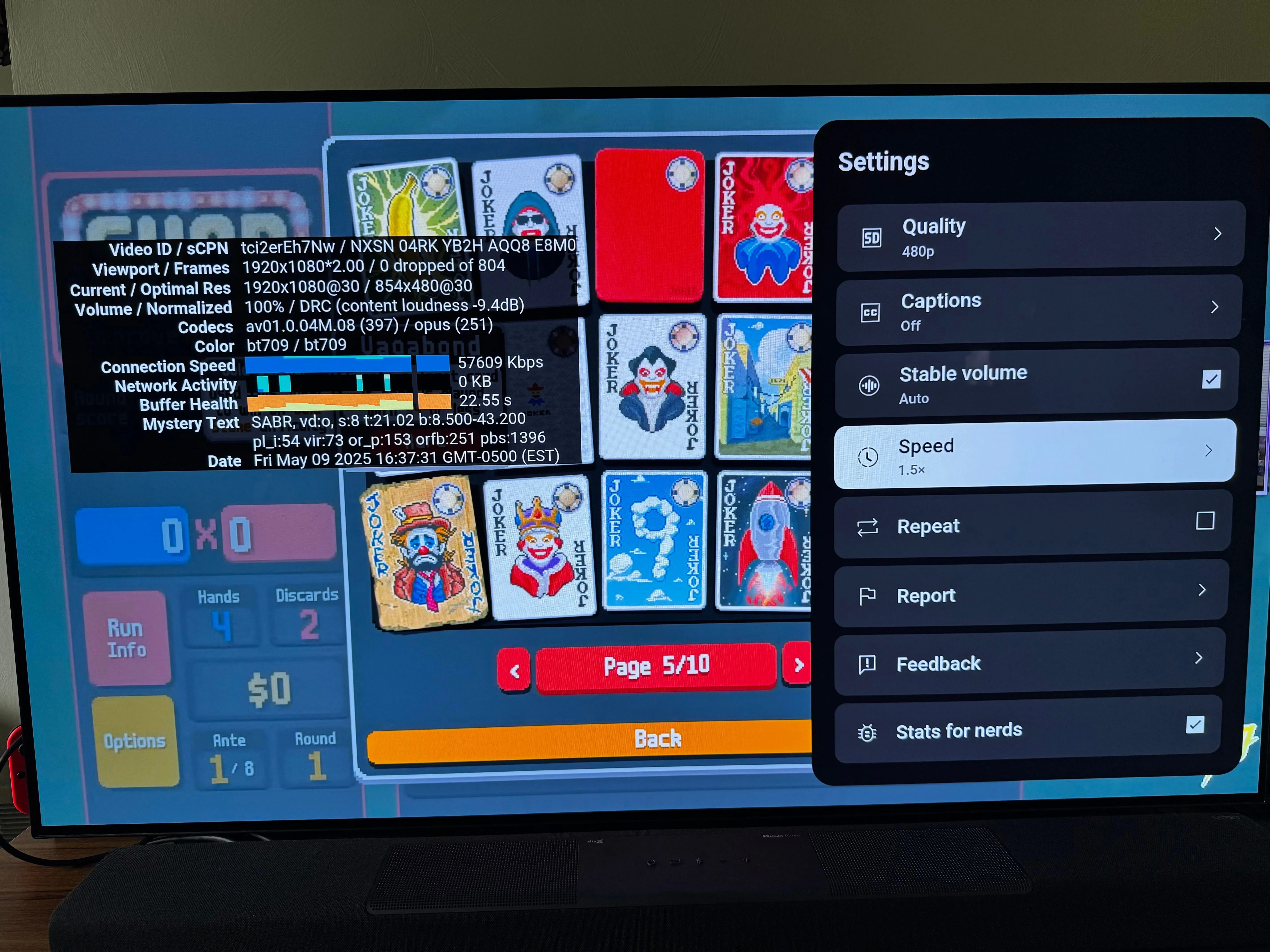 Giao diện ứng dụng YouTube trên Smart TV hiển thị chất lượng video bị buộc giảm xuống 480p