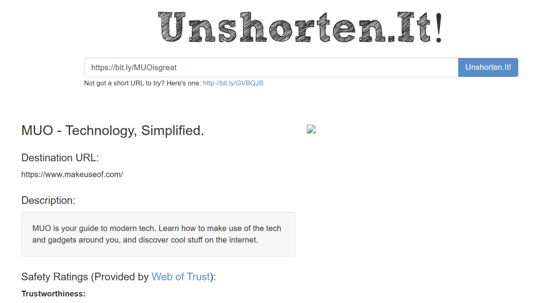 Giao diện Unshorten.it hiển thị URL đích thực của một link rút gọn sau khi mở rộng