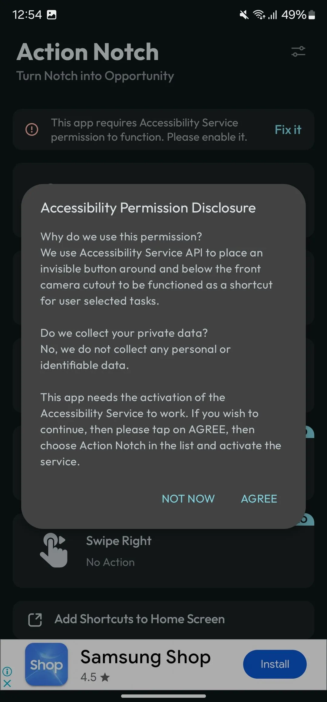 Giao diện yêu cầu cấp quyền truy cập (Accessibility) cho ứng dụng Action Notch trên Android để hỗ trợ cử chỉ cuộn trang.