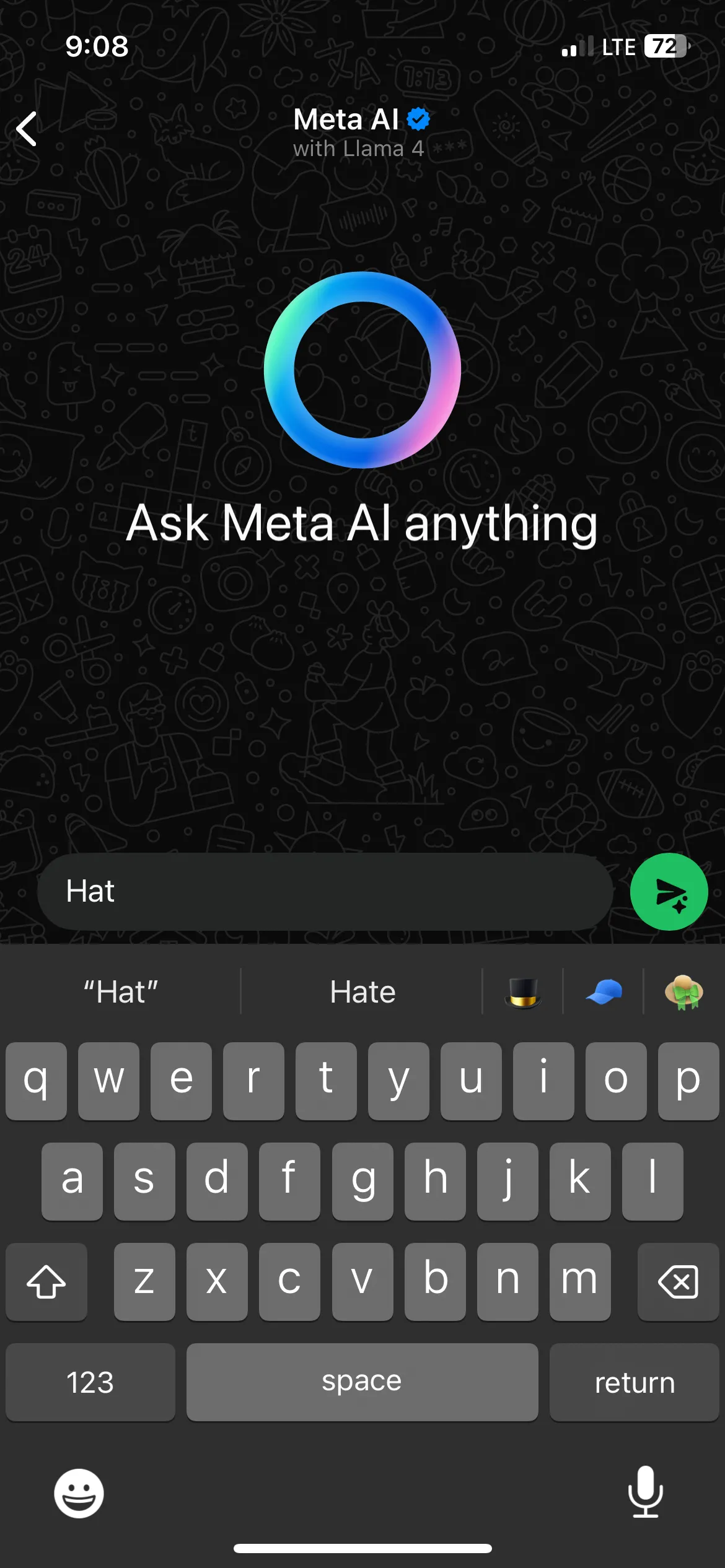 Gõ &quot;Hat&quot; và xem gợi ý emoji trên iPhone.