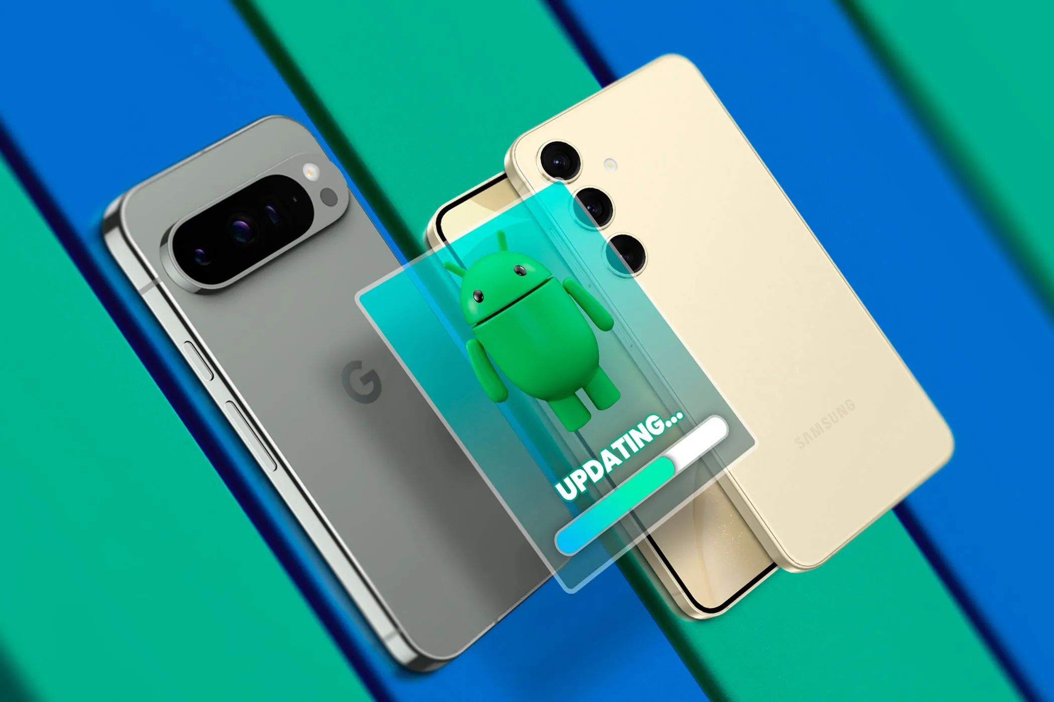 Hai điện thoại Google Pixel và Samsung Galaxy minh họa tầm quan trọng của việc cập nhật ứng dụng quản lý mật khẩu và hệ điều hành Android.