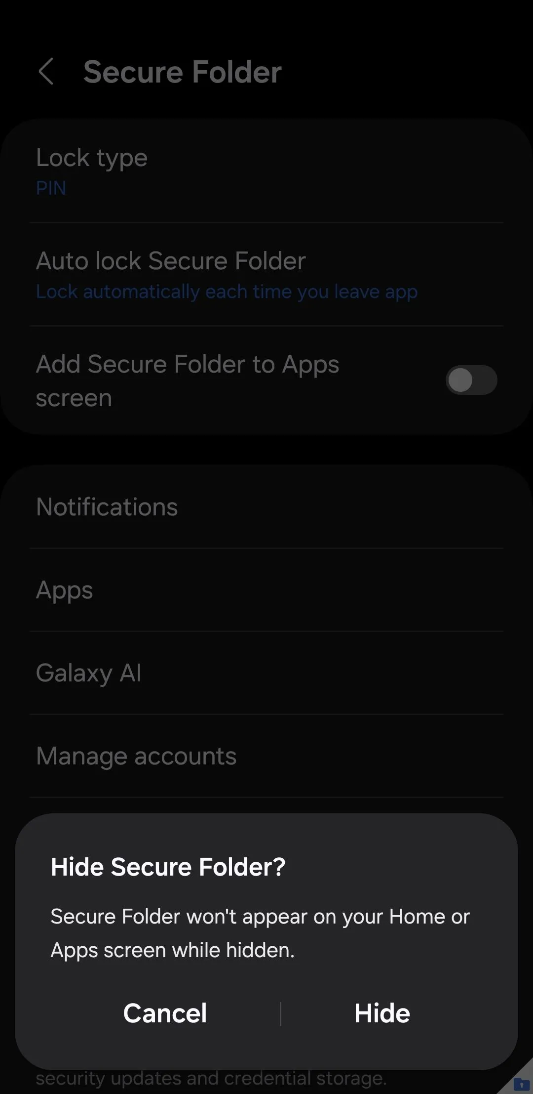 Hide Secure Folder confirmation prompt on Samsung phone