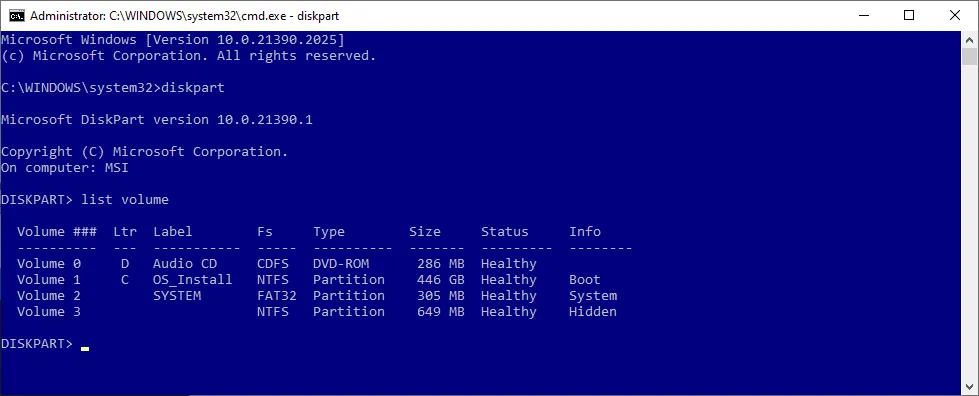 Hiển thị danh sách các phân vùng ổ đĩa bằng lệnh diskpart trong Command Prompt